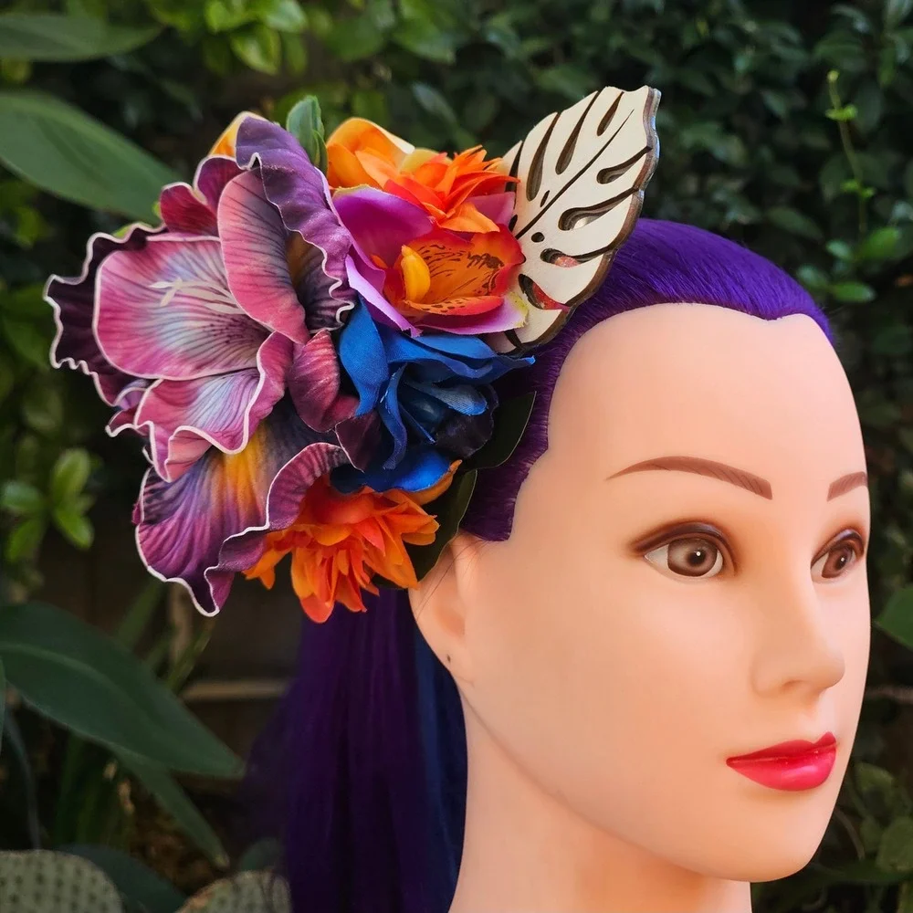 Handmade Tropical Floral Hair Clip Fascinator Orchid Lily Tiki Burlesque